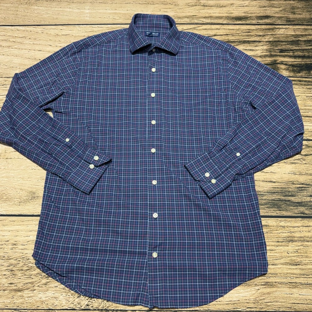 Peter Millar Crown Crafted Shirt Mens L Blue Pink Plaid Performance Long Sleeve - Picture 1 of 6